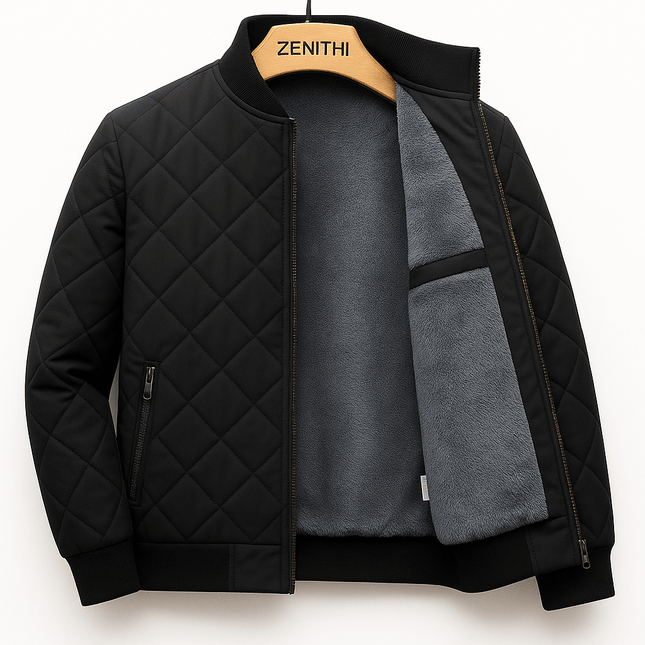 Campera hombre negra casual con acabado acolchado, forro de microfibra gris y cierre frontal, ideal para protección contra el frío.