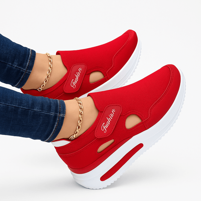 Zapatillas rojas para mujer en promoción, estilo casual y flexible, oferta compre 1 y llevate 2 gratis.