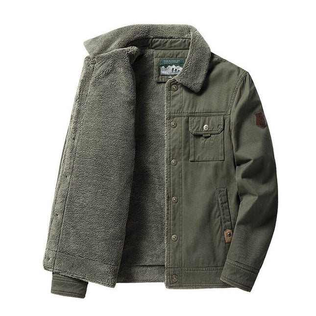Campera Casual Dublin in olive green, featuring a sherpa lining and classic button-up style, perfect for casual outings.