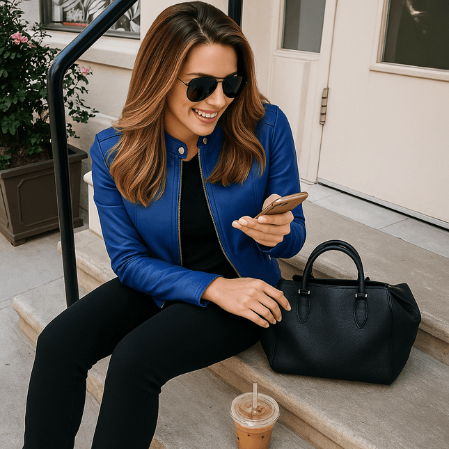 Mujer con campera de cuero azul Isadora, sentada en escalones con bolso negro y bebida, estilo urbano y moderno. Campera Mujer.