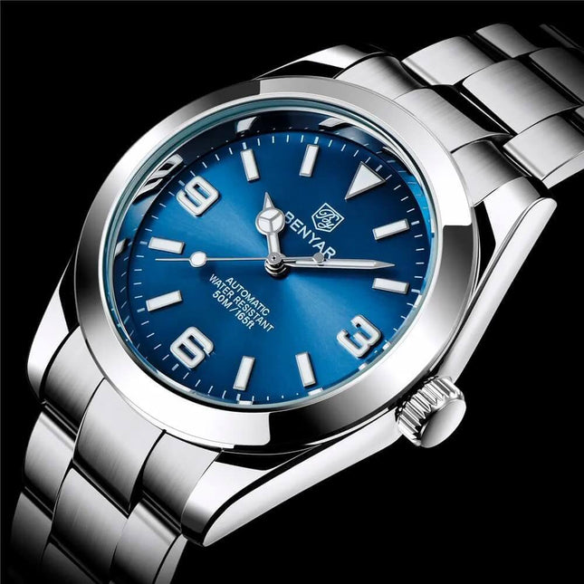 Reloj Automático Benyar Success para hombre, línea premium, con esfera azul, resistente al agua hasta 50m. Elegancia y precisión.