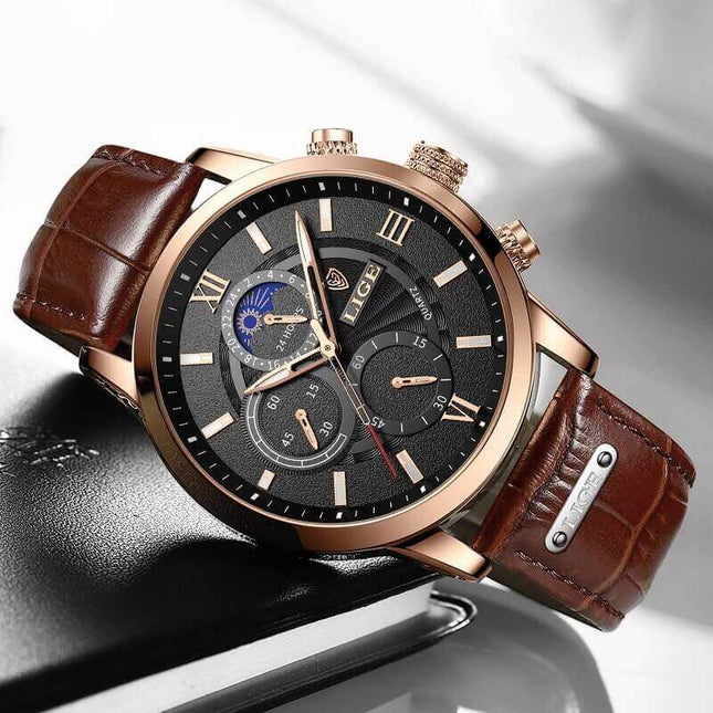 Reloj Lige con correa de cuero marrón elegante, ideal para ocasiones formales y casuales. Relojes para hombre de línea premium.