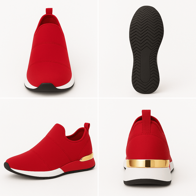 Zapatillas mujer en promoción 2025 de color rojo con detalles dorados. Compre 1 y llevate 2, oferta especial ideal para regalar.