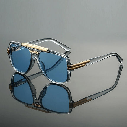 Anteojos de sol Arclight Spec con lentes azules, montura transparente y detalles dorados, estilo futurista para adultos.