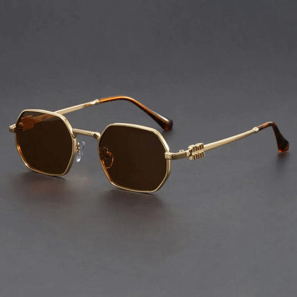 Anteojos de sol Aureon Hexa-Core, marco dorado de aleación, lentes tintadas, estilo futurista unisex, protección UV400.