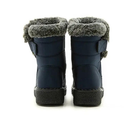 Bota Polar Trendy impermeable azul para mujer, interior de felpa gris, suela antideslizante, cierre con velcro.