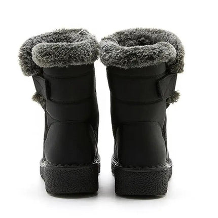 Bota Polar Trendy negra con felpa gris impermeable para mujer, diseño de invierno con suela antideslizante y velcro fácil de usar.