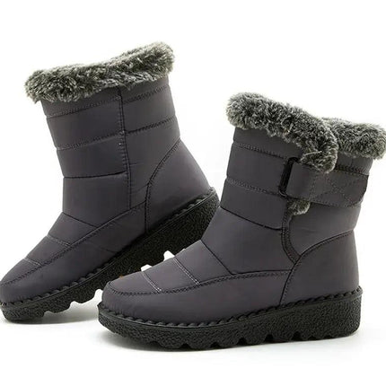 Bota Polar Trendy impermeable gris para mujer, interior de felpa, diseño con velcro y suela antideslizante para invierno.