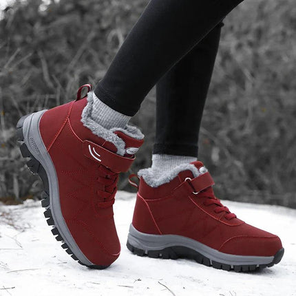 Botas de nieve rojas para adultos, antideslizantes e impermeables, suela robusta para invierno, estilo moderno.