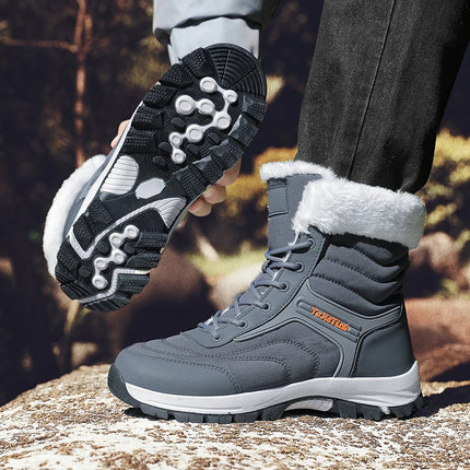 Botas de senderismo grises para hombre, con forro de piel sintética y suela antideslizante, ideales para clima frío.