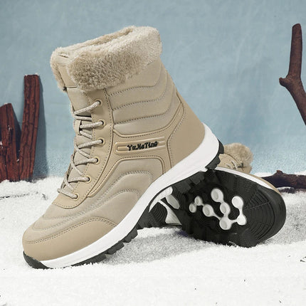Botas de senderismo cálidas para hombre, beige, con forro de lana y suela antideslizante, ideales para invierno.