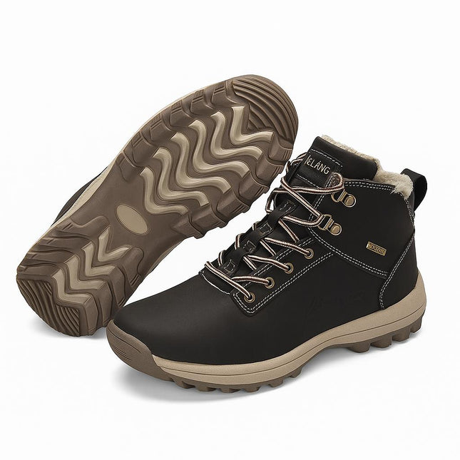 Botas impermeables negras con felpa para hombre, invierno 2025, material sintético resistente y suela antideslizante.