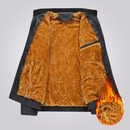 Campera negra de cuero genuino para hombres, con interior de piel sintética marrón, ideal para un look moderno y sostenible.