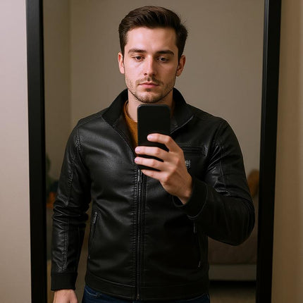 Hombre con campera de cuero genuino negra, estilo moderno, frente a espejo. Ideal para un look casual y ecológico.