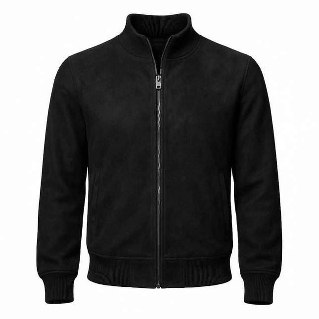Campera negra de cuello alto para hombre, estilo casual, material sintético, ideal para temporada otoño-invierno.