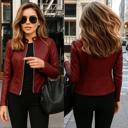 Campera de cuero rojo para mujer, diseño moderno y versátil, ideal para looks urbanos y elegantes.