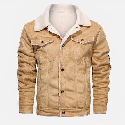 Campera de cuero vacuno marrón claro con cuello blanco para hombres, ideal para un estilo elegante y casual.