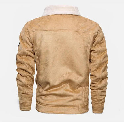 Campera de cuero vacuno beige para hombres, con cuello de cordero, vista trasera mostrando diseño y textura.