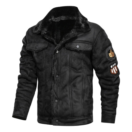 Campera de cuero vacuno negra para hombres, con diseño de solapas y parches decorativos en las mangas.