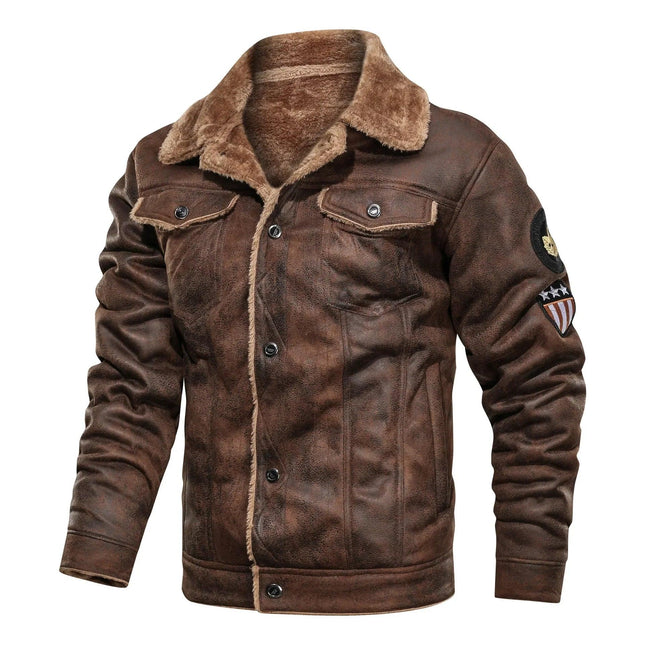 Campera de cuero vacuno marrón para hombres, estilo aviador con cuello de cordero, perfecta para invierno.