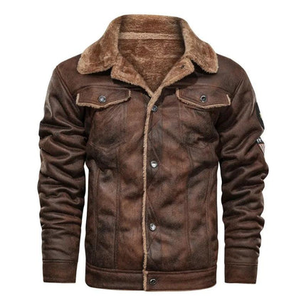 Campera de cuero vacuno marrón para hombre, con interior abrigado de piel sintética y diseño moderno.