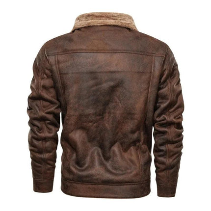 Campera de cuero vacuno marrón para hombres con cuello de cordero, vista trasera mostrando diseño y textura.