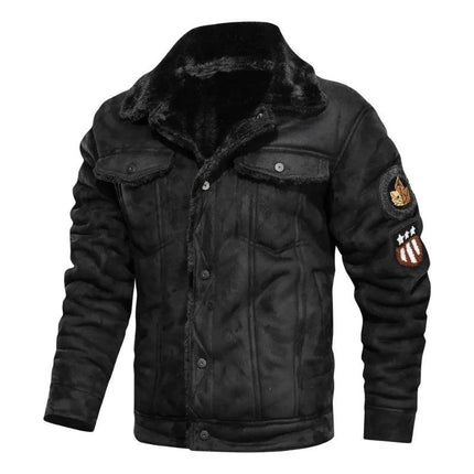 Campera de cuero vacuno negra para hombres, con interior de piel sintética y detalles bordados en mangas, estilo elegante y casual.