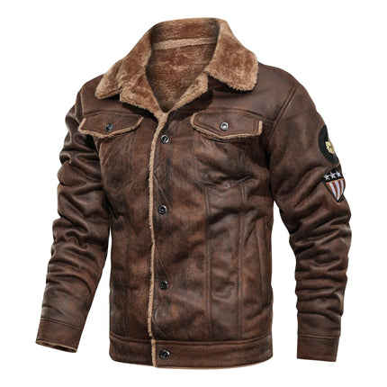 Campera de cuero vacuno marrón para hombres, con cuello de lana, estilo casual y detalles en los brazos.