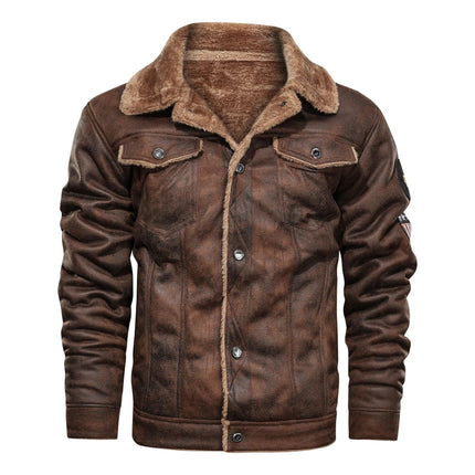 Campera de cuero vacuno marrón para hombres con forro interior, ideal para estilo casual y abrigado.