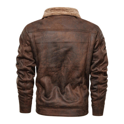 Campera de cuero vacuno marrón oscuro para hombres, vista trasera, estilo moderno con cuello de piel sintética, ideal para invierno.