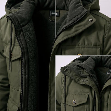 Campera térmica verde para hombre con interior afelpado y diseño moderno, ideal para clima frío, tela respirable.