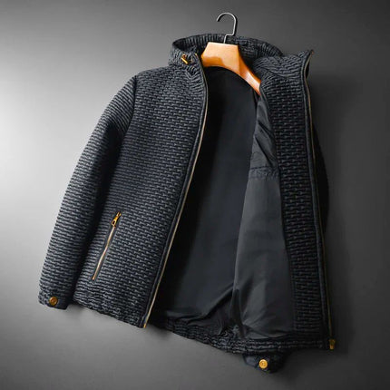 Campera Ron negra acolchada para hombres, relleno de algodón, tejido de viscosa, versátil para todas las estaciones.