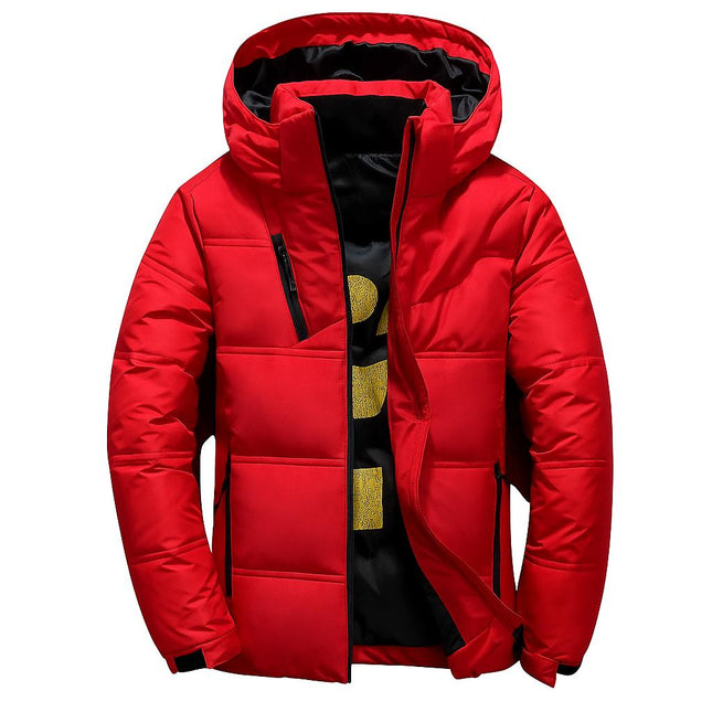 Campera térmica roja para hombre, relleno de plumón, con capucha desmontable, estilo urbano moderno.