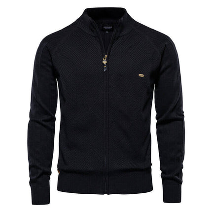 Cardigan negro para hombre, tejido de punto fino, mezcla de algodón y acrílico, con patrón geométrico y cierre metálico.