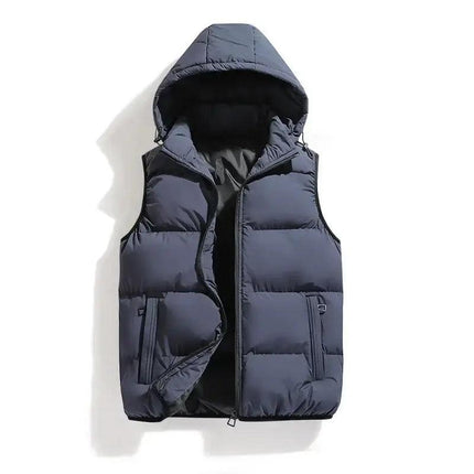 Chaleco ThermoShield sin mangas azul para hombres, con relleno grueso y capucha desmontable, ideal para frío.