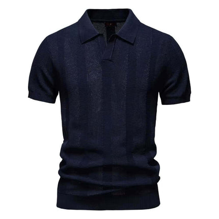 Chomba de punto azul para hombre, estilo Santorini, ideal para un look casual y elegante en verano.