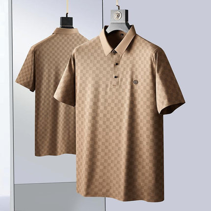 Polo Chomba Griglia Roma para hombre, tejido liviano, color beige con diseño a cuadros y monograma, estilo moderno.
