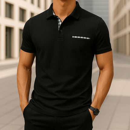Chomba Hudson Gingham para hombre en algodón negro con detalles vichy, ideal para un look elegante y relajado.