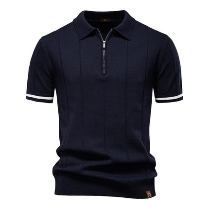 Chomba azul marino para hombre, mezcla de algodón, ajuste ceñido, detalles en mangas, estilo elegante y respirable.
