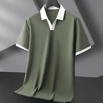 Polo verde oliva de hombre, tejido de punto suave, cuello blanco, estilo casual elegante, ideal para oficina y uso diario.