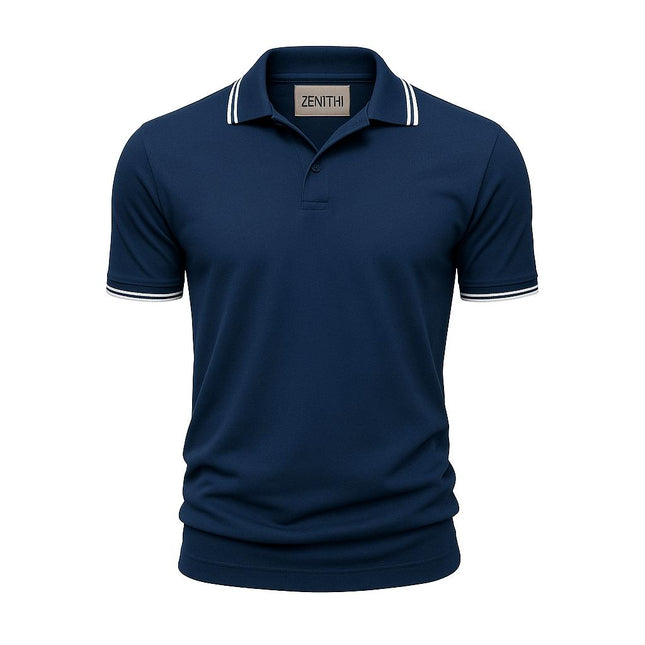 Chomba azul marino de algodón para hombre, con detalles blancos en el cuello y mangas, elegancia y confort suizo.