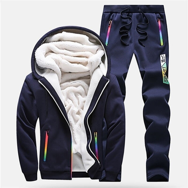 Conjunto de buzo y pantalón polar azul para hombre, capucha forrada, cierre frontal, ideal para días fríos.