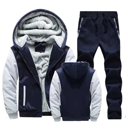 Conjunto polar azul/gris para hombre con buzo con capucha forrada y pantalón, ideal para invierno, combinando estilo y confort.