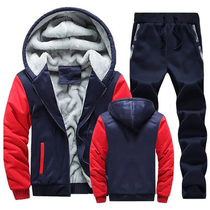 Conjunto polar hombre, buzo azul/rojo con capucha y pantalón azul. Forro suave, ideal para invierno.