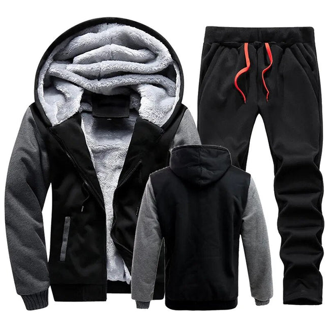 Conjunto de buzo y pantalón polar para hombre, negro y gris, ideal para invierno, con capucha y calce relajado.
