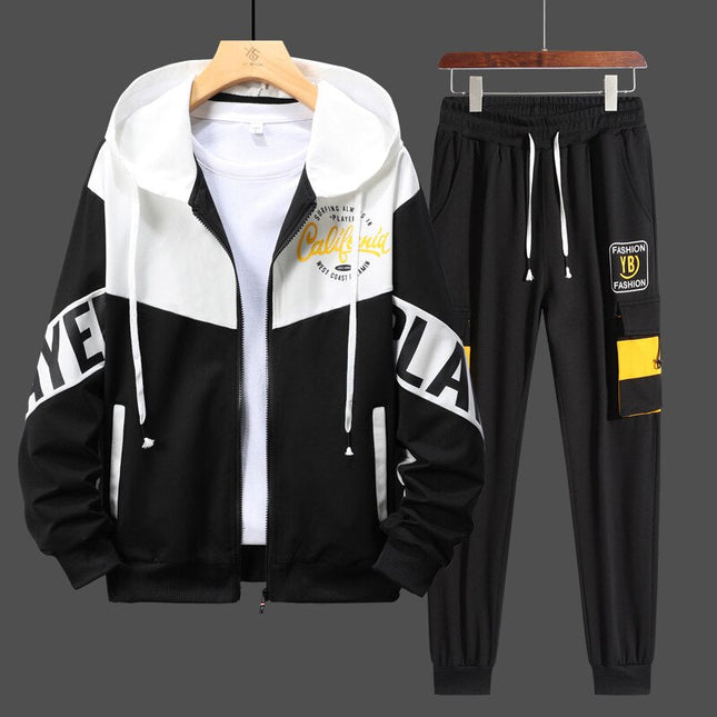 Conjunto deportivo urbano para hombre, diseño moderno en blanco y negro, hoodie con capucha y pantalón elástico, talle GG.