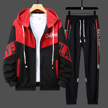 Conjunto deportivo urbano hombre, poliéster, rojo y negro, buzo capucha, pantalón cintura elástica, talle P al GG