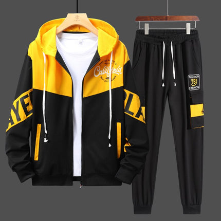 Conjunto deportivo urbano para hombre, buzo con capucha y pantalón negros y amarillos, ideal para entrenar, talles P a GG.