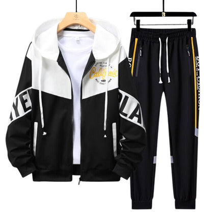 Conjunto deportivo urbano para hombre, buzo negro con detalles blancos y pantalón negro con gráficos. Tela cómoda y moderna.