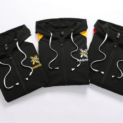 Buzos deportivos negros con capucha y detalles coloridos para hombre, estilo urbano, material resistente.